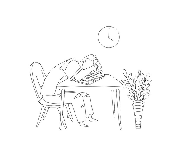 Cansado hombre sobrecargado de trabajo durmiendo en mesa contorno vector - Vector, Imagen