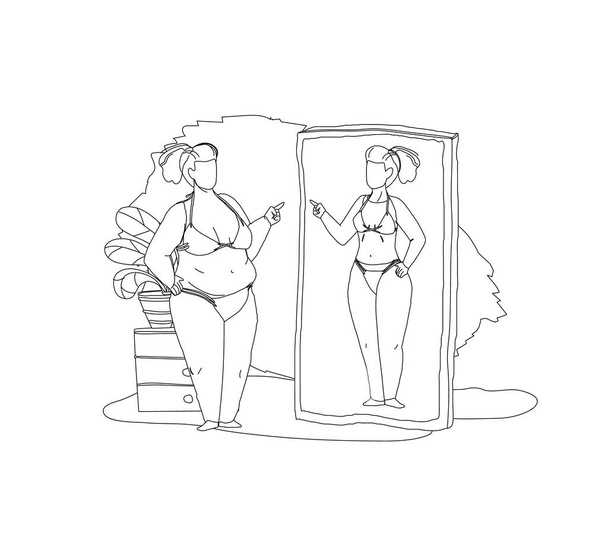 Fat woman looking at mirror seeing slim beauty reflection - Vector, Image