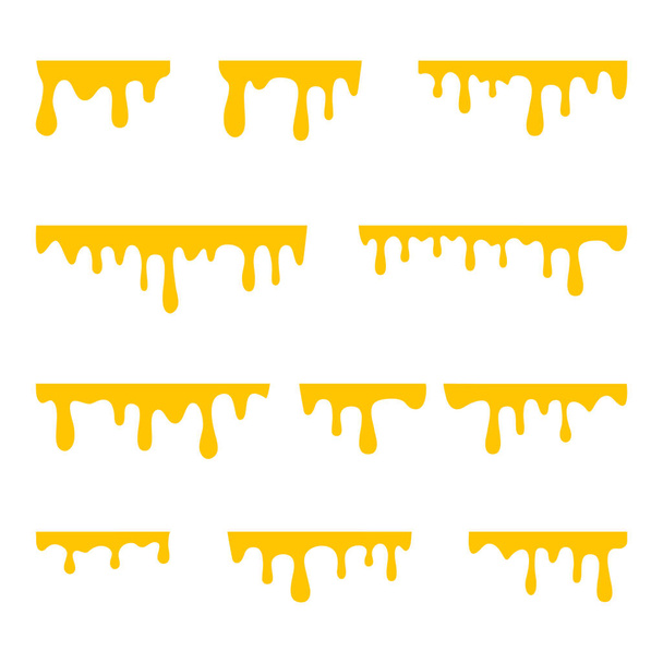  Dripping honey food. Yellow sweet liquid drip elements set. Golden caramel symbol. Vector isolated on white. - Vector, Image