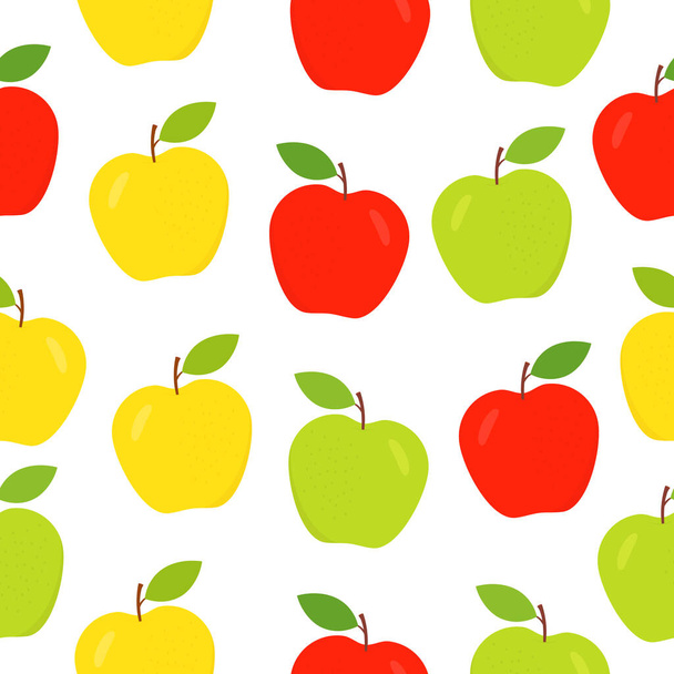 Seamless apple pattern. Sliced red, yellow and green apples white background. Sweet cute fruits texture. Vector illustration - Vector, Image