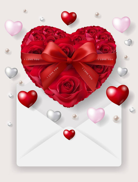 Valentin nap üdvözlő kártya sablonok realisztikus gyönyörű rózsa és a szív a háttérben szín. - Vektor, kép
