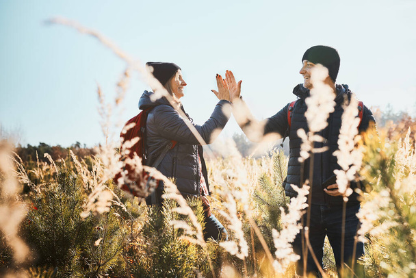 Friends enjoying trip in nature, giving high five while vacation day. Hikers with backpacks on way to mountains. Walking through tall grass along path in meadow on sunny day. Active leisure time close to nature - 写真・画像