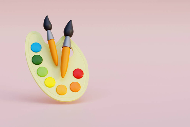 Palette with paints and two brushes for an artist 3d render. Art icon. Modern trendy design. Bright colors. - Fotografie, Obrázek