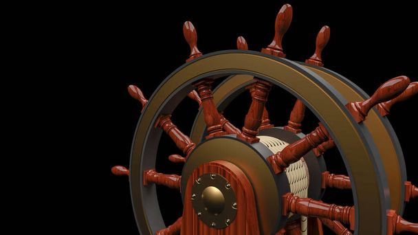 gran rueda de timon de un antiguo barco de madera, que navegaban por los mares en el siglo XVIII. Hecho en madera y bronce aislado sobre fondo oscuro. - Foto, Bild
