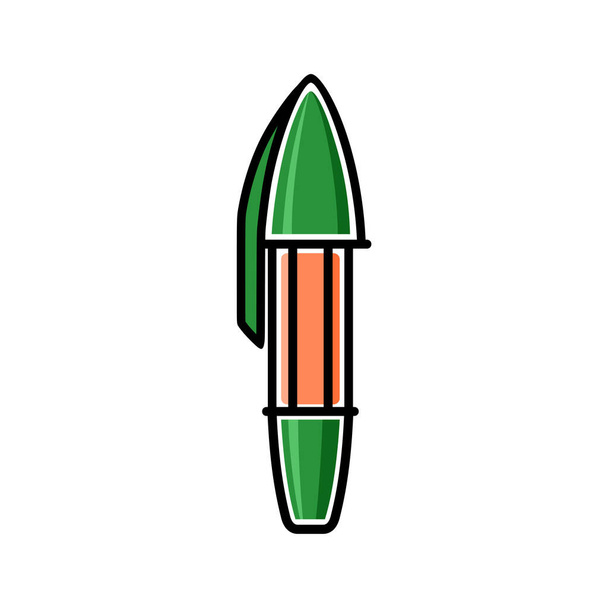 Stylo à bille vert pour l'écriture, illustration isolée en couleur avec contour noir sur fond blanc. Graphiques vectoriels - Vecteur, image