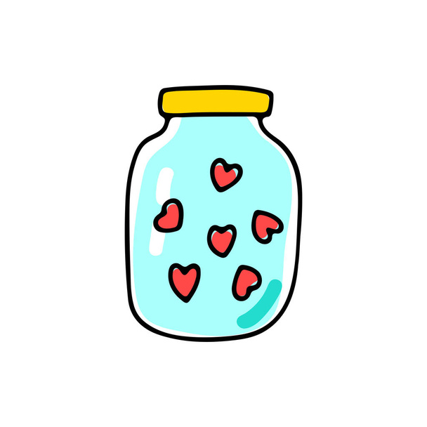 Doodle glass jar with red hearts. Color Transparent container isolated on white background. Valentines day sign. Festive decoration, cozy home decor. Love, feelings cute symbol. Vector illustration - ベクター画像