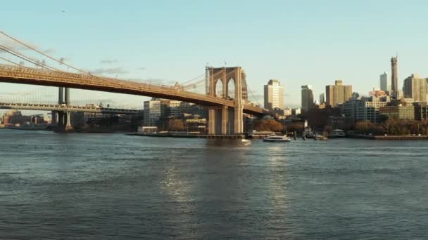 Vuelo bajo sobre el agua, crucero flotando en la superficie bajo el puente de Brooklyn. Edificios altos en el fondo. Brooklyn, Nueva York, Estados Unidos - Metraje, vídeo