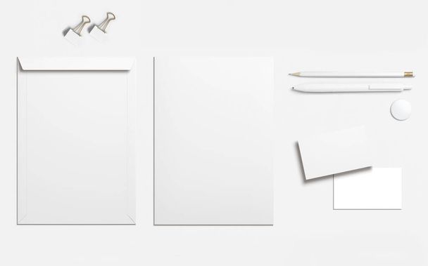 Office stationery set, envelope, sheet, business cards, pencil, pen and hooks. Mockup design. 3D illustration. - Foto, Imagen