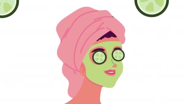 woman with facial mask and cucumbers animation - Filmati, video