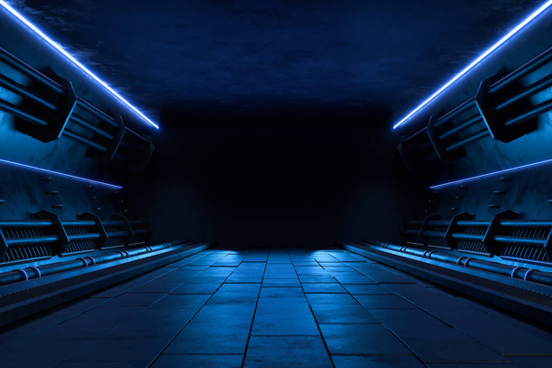 Prázdná tmavá místnost, moderní futuristické sci-fi pozadí. 3D ilustrace - Fotografie, Obrázek