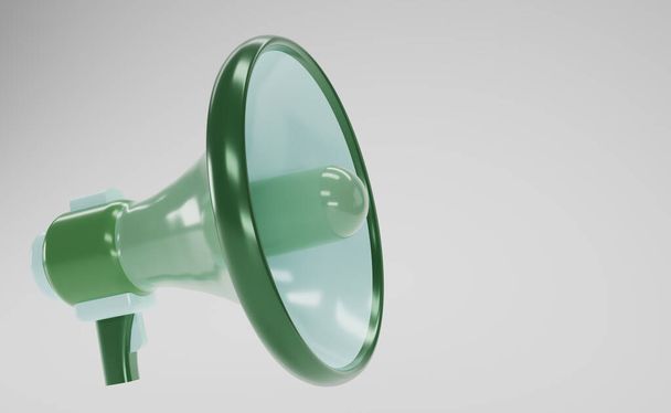 Green megaphone isolate on white background with copy space for texts. Loudspeaker on white background. 3D render spruce magaphone. 3D rendering. - Foto, afbeelding
