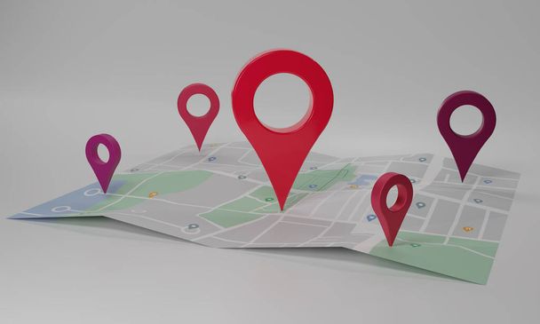 GPS. chequeo de pines del navegador con mapa sobre fondo blanco. Pin de ubicación, mapa de ubicación, icono de ubicación. Ilustración de representación 3d. - Foto, imagen