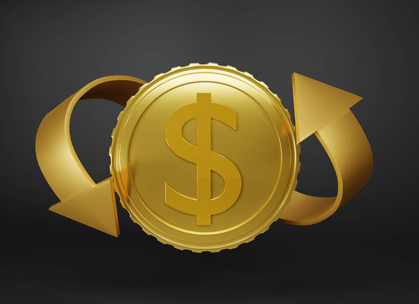 3D vykreslení Cash back ikona se zlatou mincí izolovat na tmavém pozadí. Návrh služby Cashback nebo vrácení peněz. Online platba na černém pozadí. Příjmy, úspory, investice, 3d rendering. - Fotografie, Obrázek