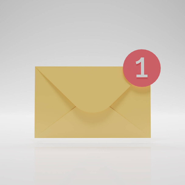 Keltainen posti tai E-mail eristetty valkoisella taustalla. Postin kirjekuorikuvake. Postin ilmoitus punaisella merkkiaineella Yksi viesti. Viestien toimittaminen, sms. 3d-renderointi. - Valokuva, kuva
