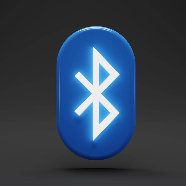 Bluetooth with shining light icon, White on blue Bluetooth Sign on dark background. Wireless technology concept. 3D rendering illustration - Zdjęcie, obraz