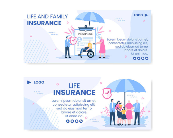 Family Life Insurance Banner Template Flat Design Editable Illustration Square Background to Social Media or Greeting Card - Vector, Image