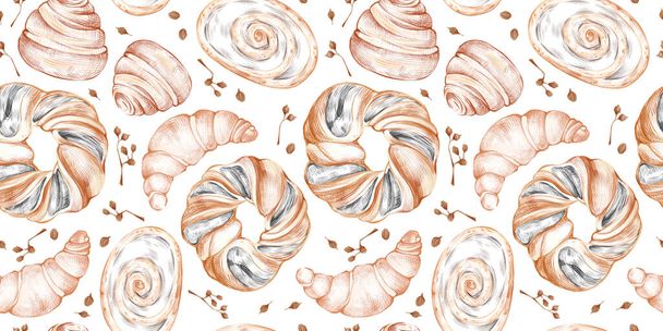 Hatch hand drawn cartoon style bakery seamless pattern with illustration of bakery product isolated on white background. Natural organic cinnamon bun, croissant, wicker bun, poppy seeds, roll - Fotó, kép