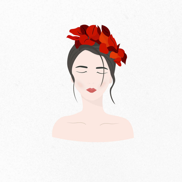Ένα κορίτσι με ανατολίτικη εμφάνιση με τα μάτια κλειστά. Όμορφο πορτρέτο ενός κοριτσιού με κόκκινα λουλούδια στο κεφάλι της. Γυναικεία εσωτερική αρμονία - Διάνυσμα, εικόνα