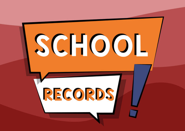 Handwriting text School Records. Word Written on Information that is kept about a child at school Biography Two Colorful Overlapping Dialogue Box Drawing With Exclamation Mark. - Foto, Imagem