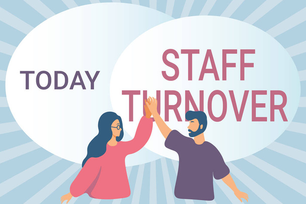 Inspiration showing sign Staff Turnover. Business overview The percentage of workers that replaced by new employees Happy Colleagues Illustration Giving High Fives To Each Other. - Foto, Imagem