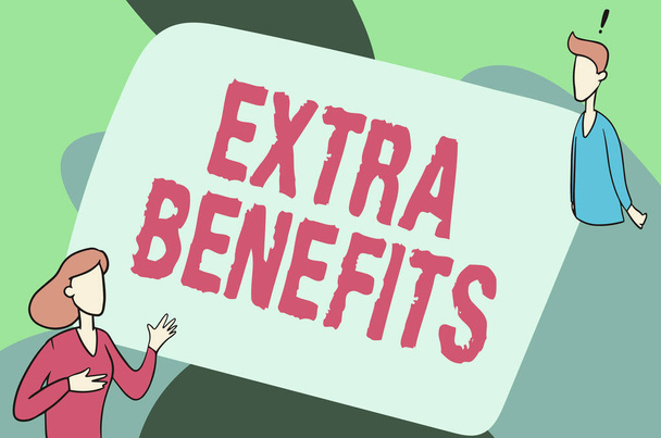 Text showing inspiration Extra Benefits. Word Written on Additional compensation Bonus Subsidies Incentives Allowances Lady Illustration Having Exploratory Conversation With Her Colleague. - Photo, Image