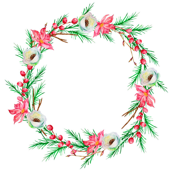 Corona floral de Navidad acuarela. Postal de diseño botánico con decoración tradicional de plantas de invierno - Foto, Imagen