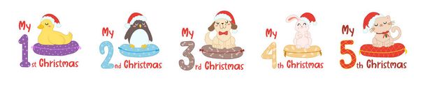 Baby Vánoce s kreslenými zvířaty a čísly. Roztomilý kocour, kachna, tučňák, králík a pes ve skandinávském stylu pro uvítanou dovolenou, sublimaci a tisk. Dětská zvířata v Santa klobouku. - Vektor, obrázek