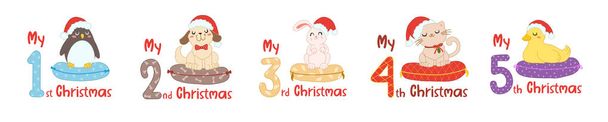 Baby Christmas with cartoon animals and numbers. Cute cat, duck, penguin, rabbit and dog in scandinavian style for greeting holidays, sublimation and print. Baby animals set in santa hat. - Vector, Image