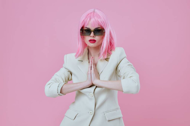 Young woman in White blazer pink hair Glamor Cosmetics studio model unaltered - Foto, Imagem