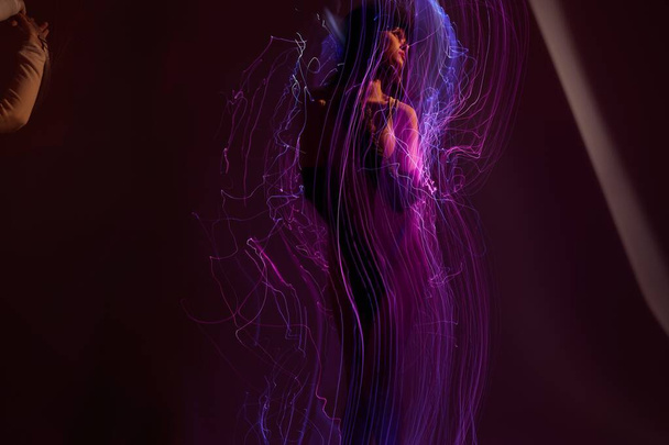 Beauty Fashion woman disco neon lines luxury fashion studio model unaltered - Photo, Image