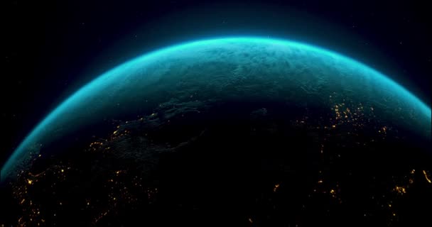 Planeta Tierra desde el espacio. Hermosa vista de la Tierra desde el satélite de órbita. Luces de día y de noche de la tierra. Planeta Tierra rotación de animación. espacio, planeta, galaxia, estrellas, cosmos, mar, tierra, puesta del sol, globo. - Metraje, vídeo