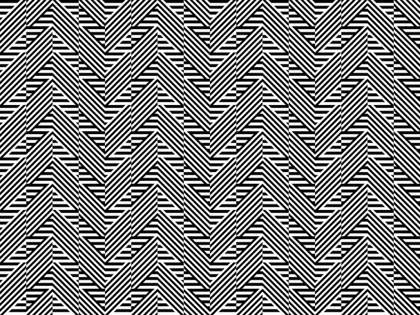 Patrón sin costuras con líneas rectas blancas negras rayadas y líneas diagonales inclinadas. Efecto de ilusión óptica. Estilo de op art geométrico. Fondo ilusorio vectorial para tela, textil, impresión, tela. - Vector, imagen