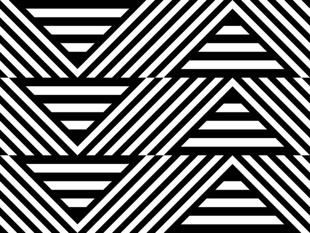 縞模様の黒い白い直線と斜めの傾斜線(ジグザグ、シェブロン)とシームレスなパターン。光錯視効果、 OPアート。ベクトル鮮やかな装飾背景、質感. - ベクター画像