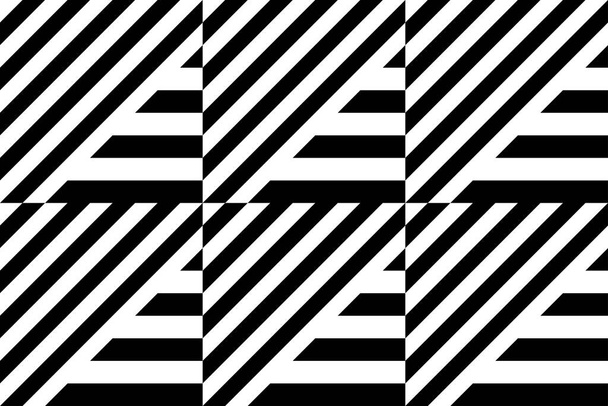 Seamless pattern with striped black white straight lines and diagonal inclined lines (zigzag, chevron). Optical illusion effect, op art. Vector vibrant decorative background, texture. - Vector, Image