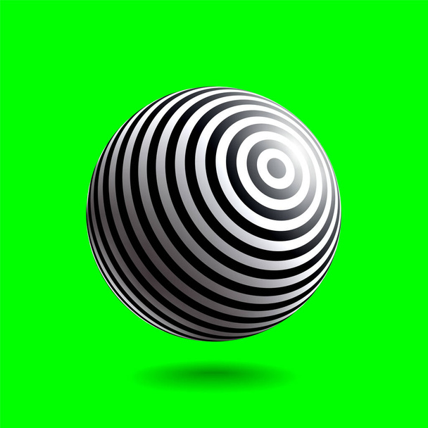 Sphère rayée noire et blanche avec lumière et ombre réalistes. Objet vectoriel 3D abstrait. - Vecteur, image