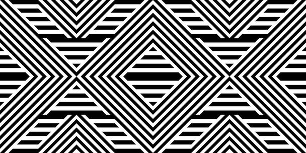 Naadloos patroon met gestreepte zwart witte rechte lijnen en schuine lijnen (zigzag, chevron). Optisch illusie-effect, op art. Achtergrond voor doek, stof, textiel, tartan. - Vector, afbeelding
