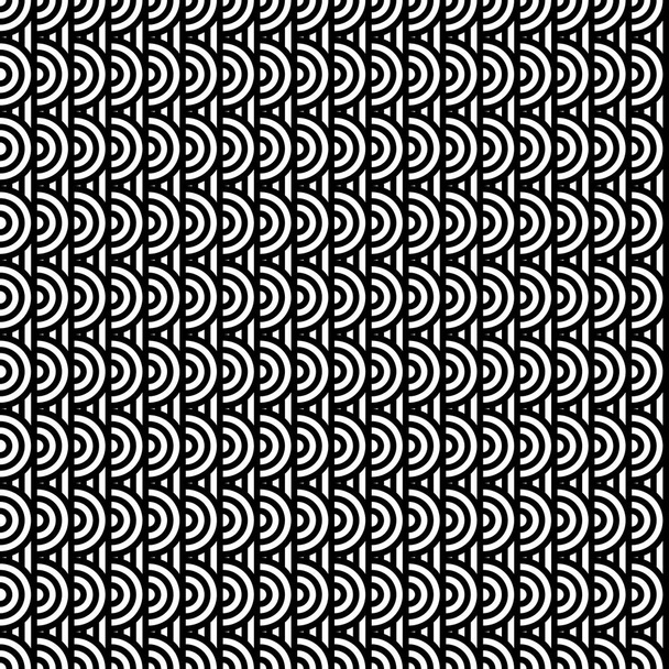 丸や縞模様の黒い白い直線でシームレスなパターン。光錯視効果。オプアートスタイルの幾何学的なタイル。布、織物、印刷、ウェブのためのベクトル錯覚の背景. - ベクター画像