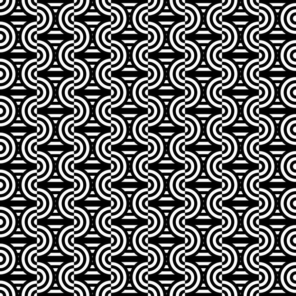 Naadloos patroon met cirkels en gestreepte zwart witte rechte lijnen. Optisch illusie-effect. Geometrische tegel in op art stijl. Vector illusieve achtergrond voor doek, textiel, print, web. - Vector, afbeelding