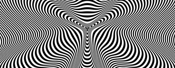 Abstract hypnotic pattern with black-white striped lines. Psychedelic background. Op art, optical illusion. Modern design, graphic texture. - Wektor, obraz