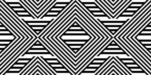 Seamless pattern with striped black white straight lines and diagonal inclined lines (zigzag, chevron). Optical illusion effect, op art. Background for cloth, fabric, textile, tartan. - Vector, Image