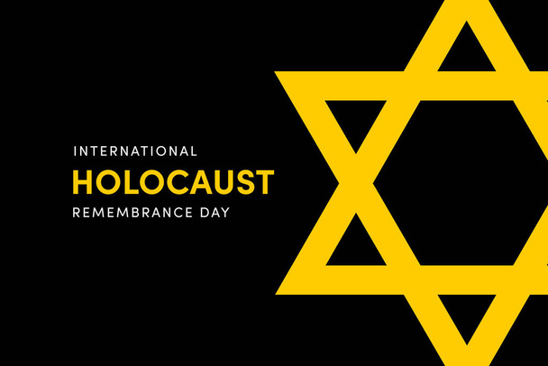 国際ホロコースト記念デーのイラスト。黒の背景に黄色のユダヤ教の星。忘れないで、 1月27日. - 写真・画像