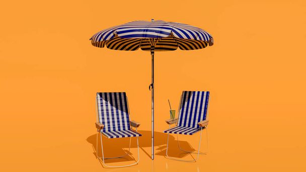 Summer vacation concept. Beach umbrella, chairs and cocktail on yellow background with copyspace. 3d rendering - Фото, зображення