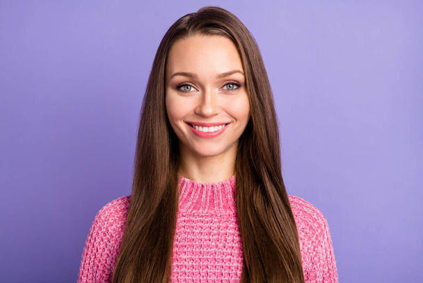 Photo of young happy positive smiling lovely girl stomatology treatment perfect white teeth isolated on purple color background. - Фото, зображення