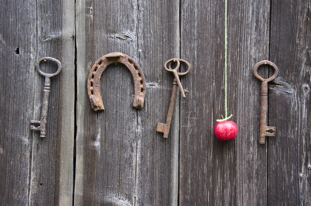 ancient key, horseshoe and red apple on old wooden wall - Photo, Image
