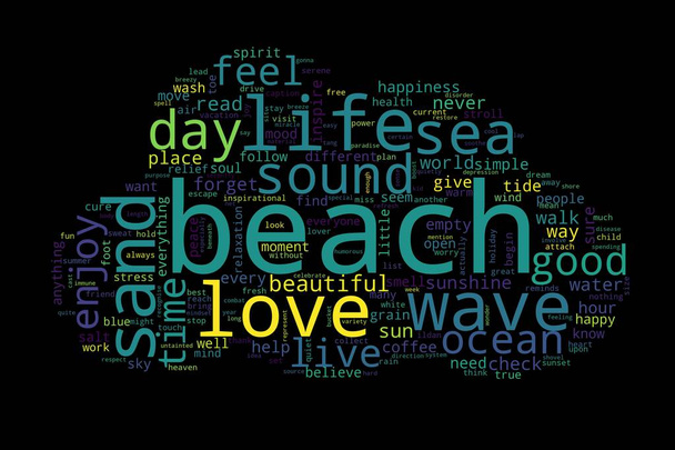 Word cloud of beach concept on black background. - Фото, изображение