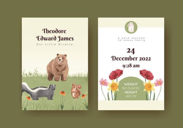 Baby stats card template with spring woodland wildlife concept, akwarela styl - Wektor, obraz