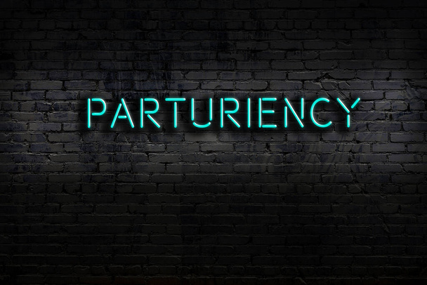 Neon sign on brick wall at night. Inscription parturiency - Photo, Image