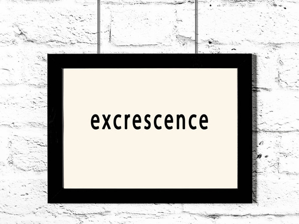 Black wooden frame with inscription excrescence hanging on white brick wall  - Foto, immagini