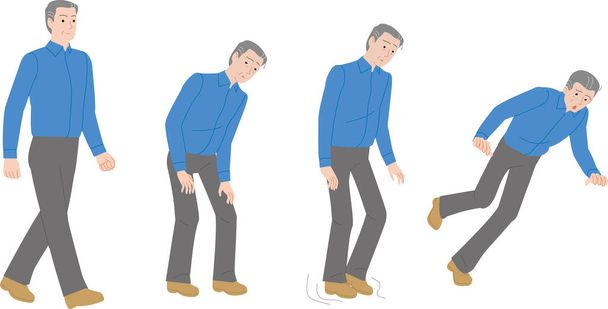 Changes in walking with aging. Stagger. fatigue. Stumbling elderly - Vector, Image