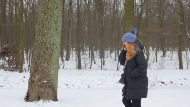 Žena mluví po telefonu chůze v zimě - Záběry, video